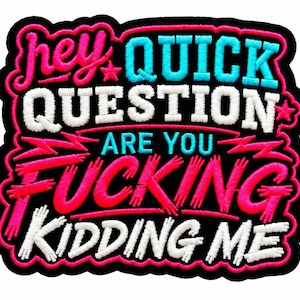 May include: A black embroidered patch featuring the text HEY QUICK QUESTION ARE YOU FUCKING KIDDING ME in a mix of bright pink, cyan, and white thread. The lettering is stylized with bold, layered fonts and small star accents.