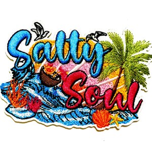 May include: Embroidered patch with the words "Salty Soul" in blue and red script. The design includes a palm tree, waves, a sunset, and a seashell. The patch measures approximately 3 inches wide and 2 inches tall.