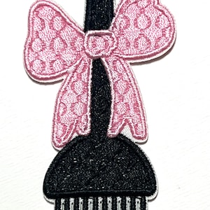 Hair stylist color brush with bow - Embroidered Iron on patch