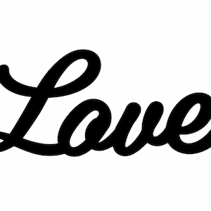 May include: A black graphic design featuring the word Love written in a bold, continuous cursive script font. The letters are connected in a flowing style, creating a single, solid black shape against a plain white background.