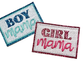 Girl mama / Boy mama - Embroidered Iron on patch with glitter outline