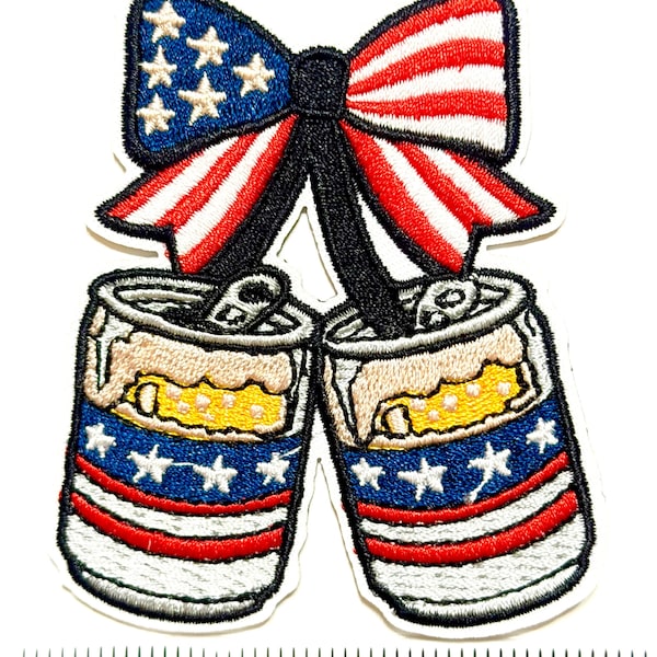 American Flag Beer Cans Patch – 4th of July Bow Embroidery (Iron On)
