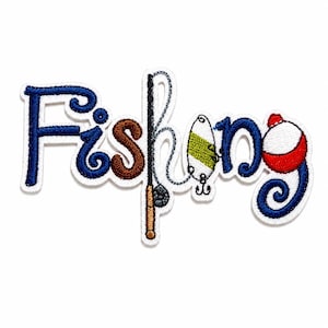 May include: An embroidered patch featuring the word Fishing in dark blue cursive script. The letter i is replaced by a brown and black fishing rod with a line extending to a green and white lure and a red and white round fishing bobber.