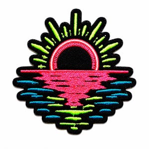 May include: An embroidered patch featuring a stylized sun rising or setting over water. The design includes a black circular sun with a bright pink border, surrounded by lime green rays, with pink and blue horizontal lines representing water reflections.