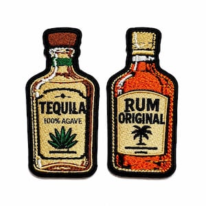 May include: Two embroidered patches shaped like liquor bottles with black borders. The left patch is tan with the text TEQUILA 100% AGAVE and a green agave plant. The right patch is orange with the text RUM ORIGINAL and a black palm tree icon.