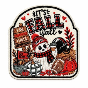 May include: A decorative embroidered patch featuring a white ghost wearing a red and black buffalo plaid beanie with the text "GAMEDAY" and a matching scarf. The patch includes the text "IT'S FALL Y'ALL", a wooden sign, a football, and pumpkins.