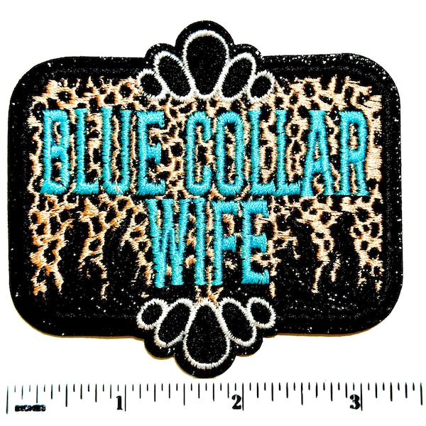 Embroidered Blue Collar Wife Patch – Turquoise Leopard Glitter Detail