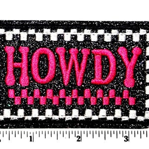 HOWDY hot pink checkered patch - Embroidered Iron on patch with glitter