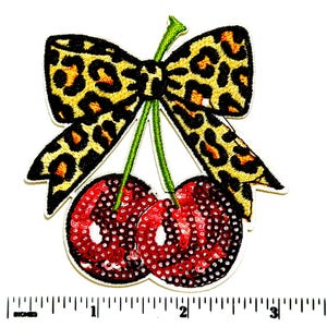 Leopard Print bow with sequined cherries patch - Embroidered & Sequins Patch - Iron-On Applique