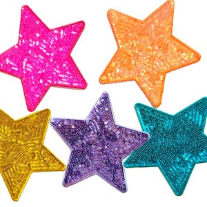 May include: Five star-shaped patches in vibrant colors: pink, orange, gold, purple, and teal. Each star is covered in sequins, creating a sparkling effect. These decorative patches are ideal for adding flair to clothing or accessories.