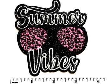 Summer Vibes leopard print sunglasses patch - Embroidered Iron on patch with black glitter