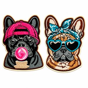 May include: Two embroidered patches featuring French bulldogs. The left patch shows a black dog wearing a bright pink baseball cap and blowing a pink bubble. The right patch shows a tan dog wearing a blue patterned headscarf and heart-shaped sunglasses.