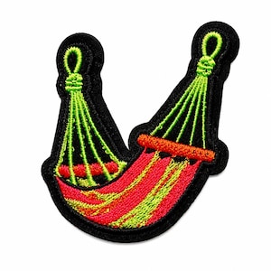 May include: An embroidered patch shaped like a hammock with a black border. The hammock features a vibrant red and lime green striped pattern with bright lime green suspension ropes and a solid orange top bar, all set against a black background.