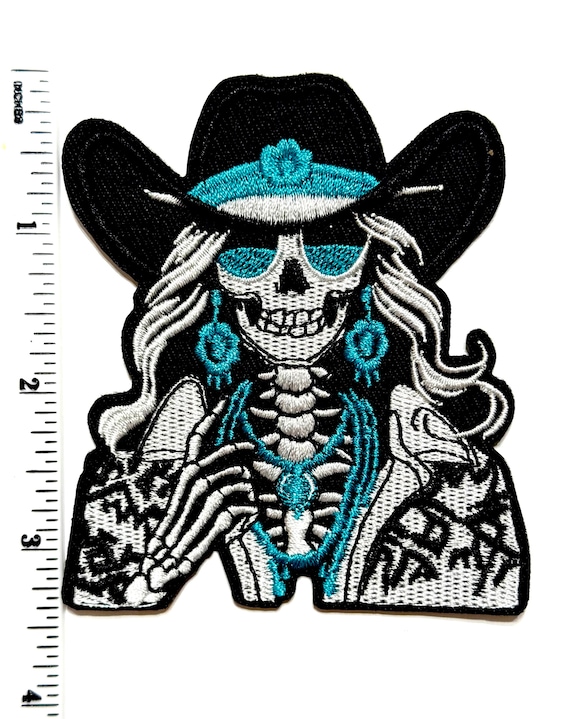 Turquoise Skeleton Cowgirl - Embroidered DIY Iron on patch