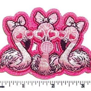 Pink flamingo trio blowing bubble patch summer - Embroidered Iron on patch with glitter