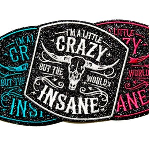 May include: Three embroidered patches with glittery black backgrounds. The patches have a shield shape and feature text in white, teal, and pink. The central patch reads "I'M A LITTLE CRAZY BUT THE WORLD'S INSANE" with a skull graphic.