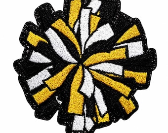 May include: An embroidered patch in the shape of a cheerleader pom-pom. The design features a radial pattern of individual strands in alternating colors of black, bright yellow, and white, with a thick black border outlining the entire shape.