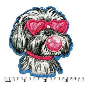 Puppy Yorkie with pink sunglasses and bubblegum bubble patch - Embroidered DIY iron on patch