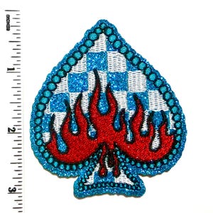 Checkered Spades with flames & blue glitter patch – Iron On DIY Applique