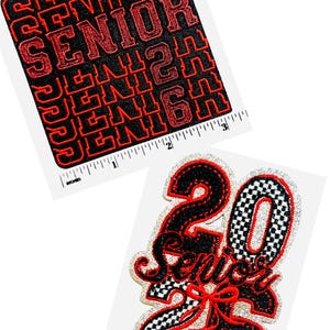May include: Two patches with the text "SENIOR 2026" in red and black. One patch has a checkerboard pattern in the numbers and a bow. The other patch has the text "SENIOR 2026" in a repeating pattern.