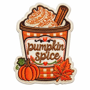May include: An embroidered patch featuring a cup of coffee topped with whipped cream and a cinnamon stick. The cup has an orange and white checkered pattern with the text pumpkin spice in brown script, a small orange pumpkin, and a maple leaf.