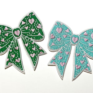 Pink Hearts Bow - Embroidered Iron On Patch - 3&quot;