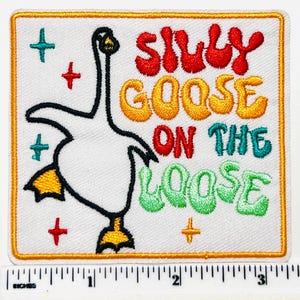 May include: Embroidered patch with a white background, featuring a cartoon goose and the text "SILLY GOOSE ON THE LOOSE" in red, yellow, and green. The patch has a gold border and includes cross and plus symbols.