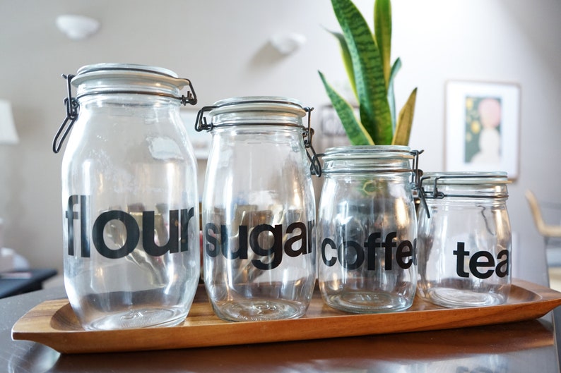 Vintage Glass Kitchen Canisters Set 4 Minimalism Countertop Mid Century Modern Flour Sugar Coffee Tea Wheaton Locking Lids