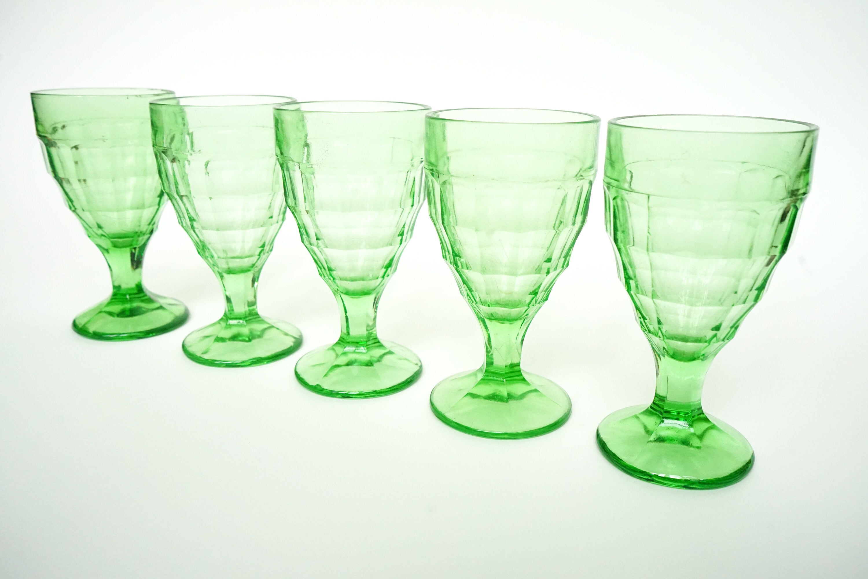 Green Uranium Glassware Goblets Set of 5 Colonial Block Etsy