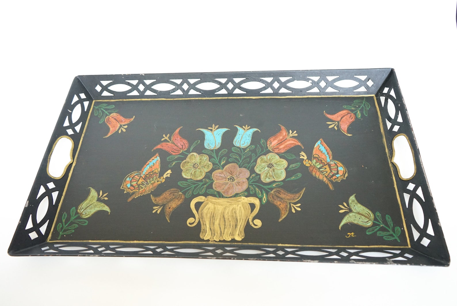 Black Metal Tray with Handles Floral and Butterfly Decor Etsy
