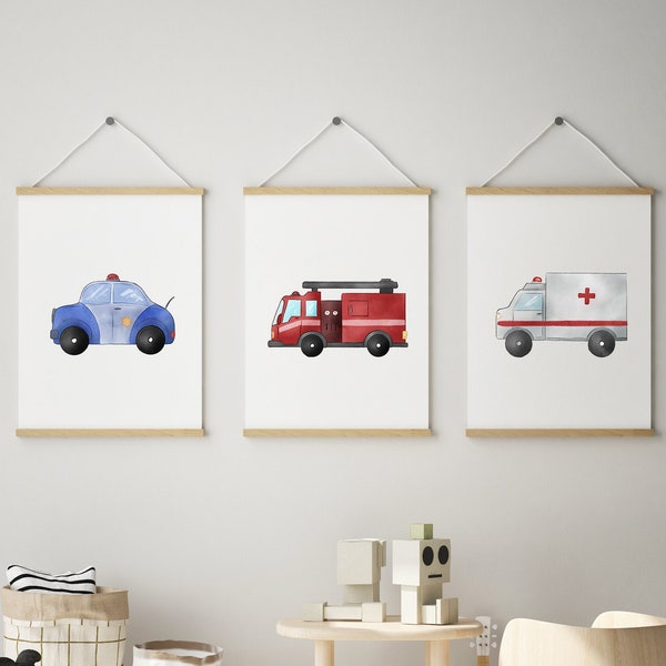 Police car, ambulance, fire truck children's poster for children's rooms, emergency vehicles, fire department, hospital, police station