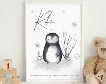 Pinguin Geburtsposter Kinderzimmer Bild | Geburtsanzeige | Geburtsbild | Geburtstafel | Geburtsdaten | Kinderzimmer