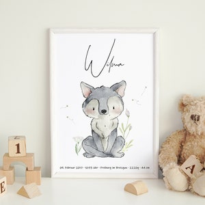 Poster di nascita del lupo | Poster di nascita degli animali della foresta | Annuncio di nascita in foresta |  Quadretto nascita | Tema natale | Date di nascita | vivaio