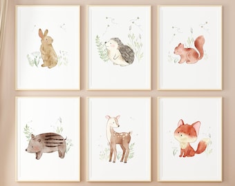 Kinderzimmer Bilder Wandbilder Poster Aquarell A3 / A4 | 3 - 6er Set Babyzimmer Deko Waldtiere Fuchs Igel Hase Reh Wildschwein Eichhörnchen