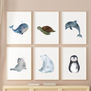 Ice Cream Animals Sea Creatures Children's Room Pictures Children's Posters | Set of 3 - 6 baby room turtle seal polar bear penguin dolphin whale