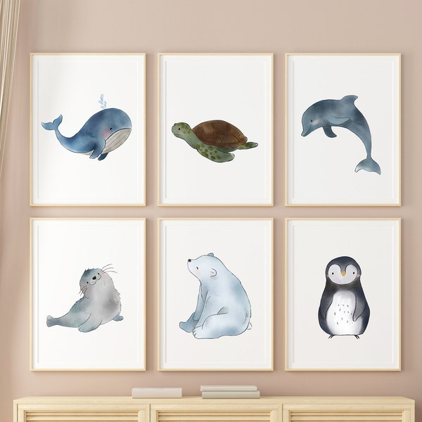 Eistiere Meerestiere Kinderzimmer Bilder Kinder Poster | 3 - 6er Set Babyzimmer Schildkröte Robbe Eisbär Pinguin Delphin Wal