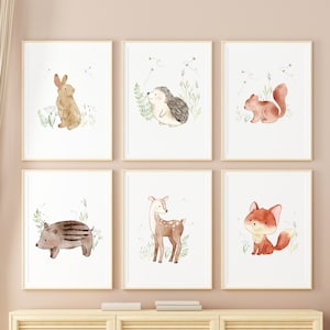 Images murales pour chambre d'enfant, affiche aquarelle A3/A4 | Lot de 3 à 6 décoration chambre bébé animaux de la forêt renard hérisson lapin cerf sanglier écureuil