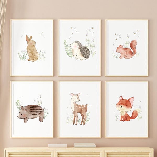 Kinderzimmer Bilder Wandbilder Poster Aquarell A3 / A4 | 3 - 6er Set Babyzimmer Deko Waldtiere Fuchs Igel Hase Reh Wildschwein Eichhörnchen