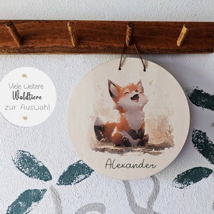 Targhetta con nome animale della foresta | Camera dei bambini | Targa per porta | Cartello in legno | volpe | coniglietto | Riccio | cervo | cinghiale | Scoiattolo | Regalo di compleanno