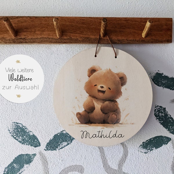 Waldtier Namensschild | Kinderzimmer | Türschild | Holzschild | Bär | Eule | Marder | Stinktier | Waschbär | Wolf | Wanddeko | Geschenk