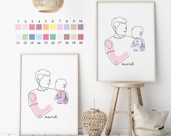 Father and Baby LineArt Picture Personalized Gift for Father's Day Father Daughter Father Son Gift for Father for Birth Wall Picture Poster