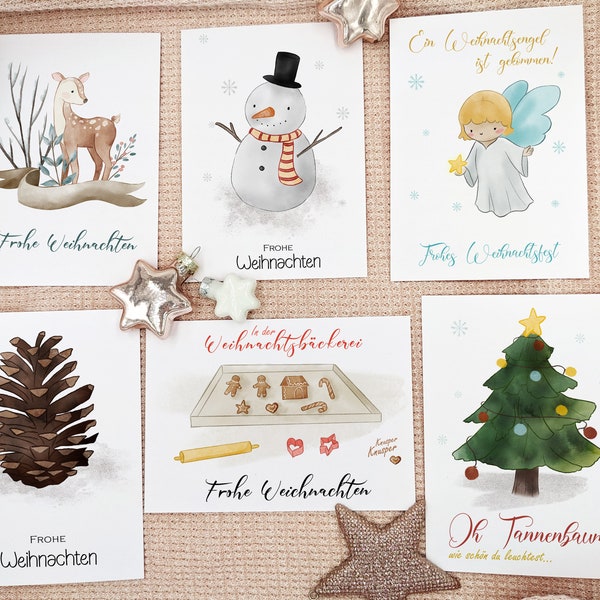 Weihnachtskarten Set | Weihnachtsengel | Weihnachtsbäckerei | Weihnachtsbaum | Schneemann | Tannenzapfen | Waldtier | Personalisierbar