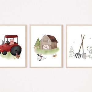 Immagini della fattoria per la cameretta dei bambini Immagini da parete Poster Acquerello A3 / A4 | Set di 3 decorazioni per la cameretta dei bambini, trattore, fattoria, forcone, zappa, attrezzo agricolo