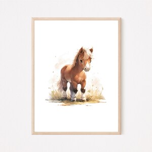 May include: A watercolor painting of a brown and white pony standing in a field of grass. The pony has a white mane and tail and is looking to the side.