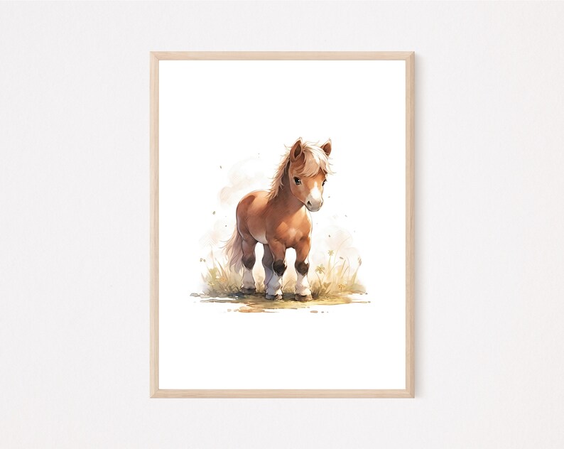 May include: A watercolor painting of a brown and white pony standing in a field of grass. The pony has a white mane and tail and is looking to the side.