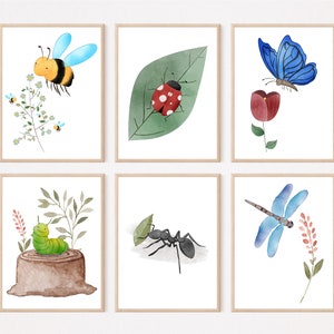 Insekten Kinderzimmer Bilder Wandbilder Poster Aquarell A3 / A4 3er Set Babyzimmer Deko Biene Marienkäfer Schmetterling Raupe Ameise Libelle