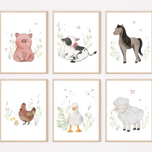 Immagini della fattoria Poster per la cameretta dei bambini Immagini da parete Poster con animali Animali della fattoria Acquerello | Set da 3 a 6 camerette per bambini