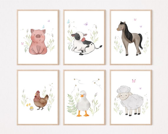 Bauernhof Bilder Kinderzimmer Poster Wandbilder Tierposter Bauernhoftiere Aquarell  | 3 - 6er Set Babyzimmer