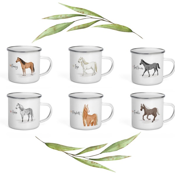 Horse enamel cup with name and saying Icelandic Haflinger Shetland Pony Friese Appaloosa and German riding horse children's cup
