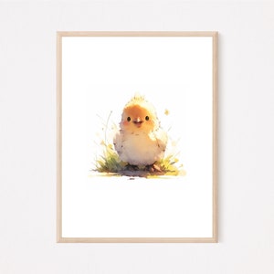 May include: A watercolor painting of a yellow chick with a white fluffy body standing in green grass. The chick is looking at the viewer with a happy expression.